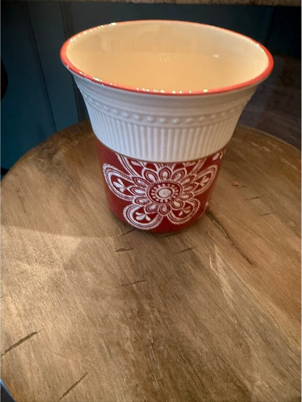 Red and White Ceramic Decorative Vase with Floral Motif